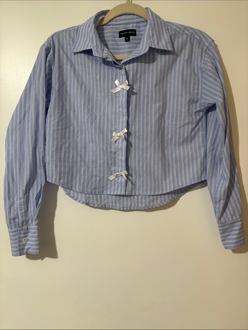 Blue Striped Button-Front Shirt with Ribbon Bows cropped